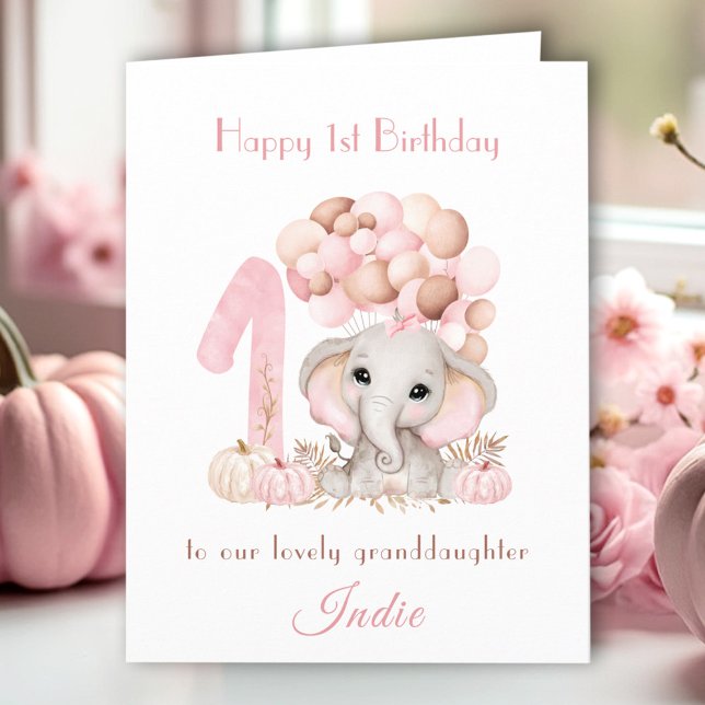 Carte 1er anniversaire fille rose éléphant Citrouille d' (1st Birthday Girl Pink Elephant Fall Pumpkin Card)