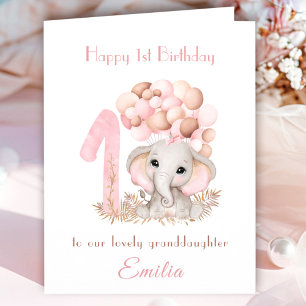 Carte 1er Anniversaire Fille rose mignon Eléphant Ballon