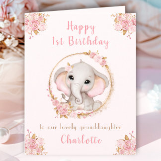 Carte 1er anniversaire fille rose mignon éléphant floral