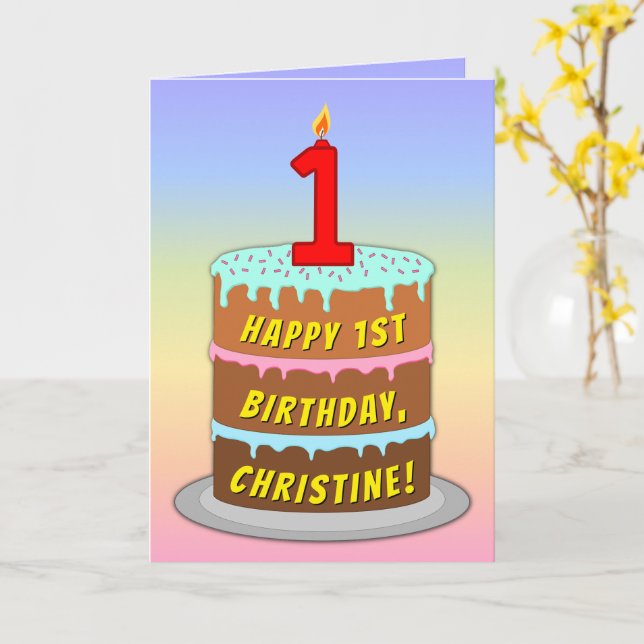 Carte 1er Anniversaire — Fun Cake & Candle, Avec Nom Per (Fleur jaune)