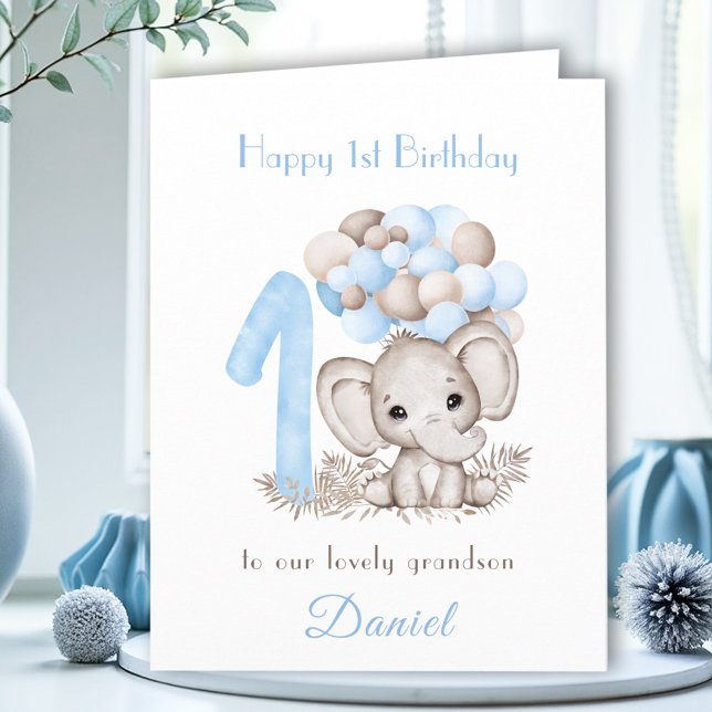 Carte 1er Anniversaire Garçon Bleu mignon Eléphant Ballo (1st Birthday Boy Blue Cute Elephant Balloons Card)