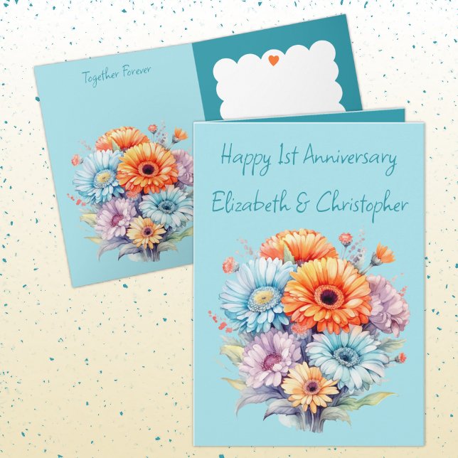 Carte 1er Anniversaire gerbera fleurs bleu (Créateur téléchargé)