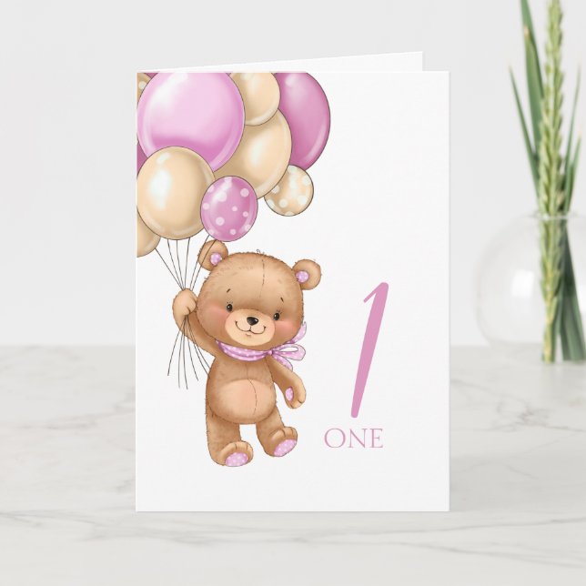 Carte 1er anniversaire joli ballons rose fille teddy car (Devant)