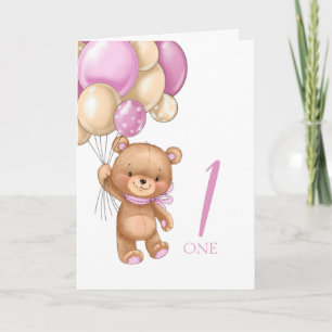 Carte 1er anniversaire joli ballons rose fille teddy car