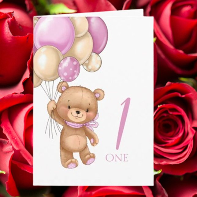 Carte 1er anniversaire joli ballons rose fille teddy car (Celebrate her special day with a cute pink teddy and balloons 1st birthday card)