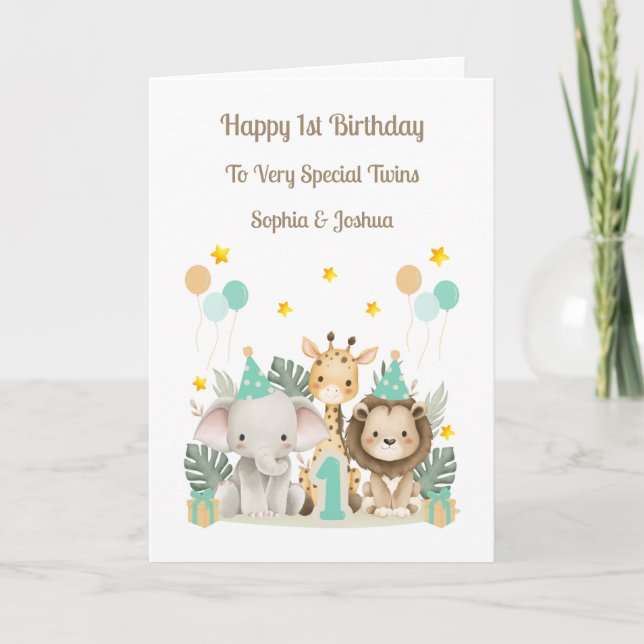 Carte 1er anniversaire Jungle Animaux Twin Birthday Card (Devant)