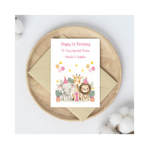 Carte 1er Anniversaire Jungle Animaux Twin Girls Card