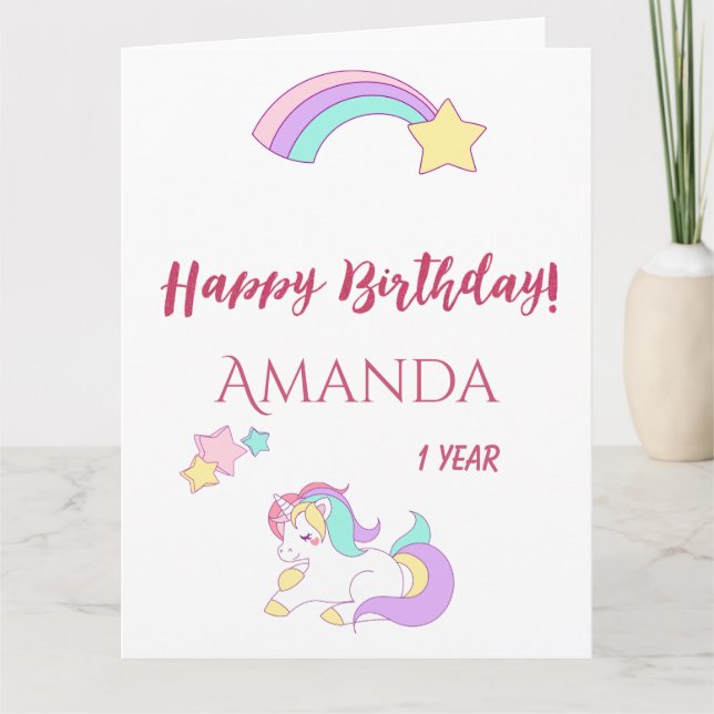 Carte 1er anniversaire licorne rose blanc mignon (Devant)