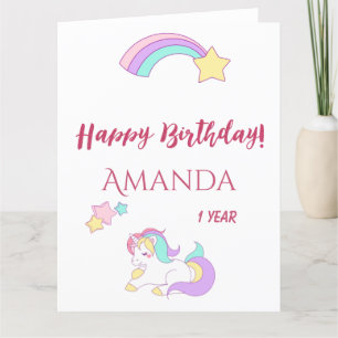 Carte 1er anniversaire licorne rose blanc mignon