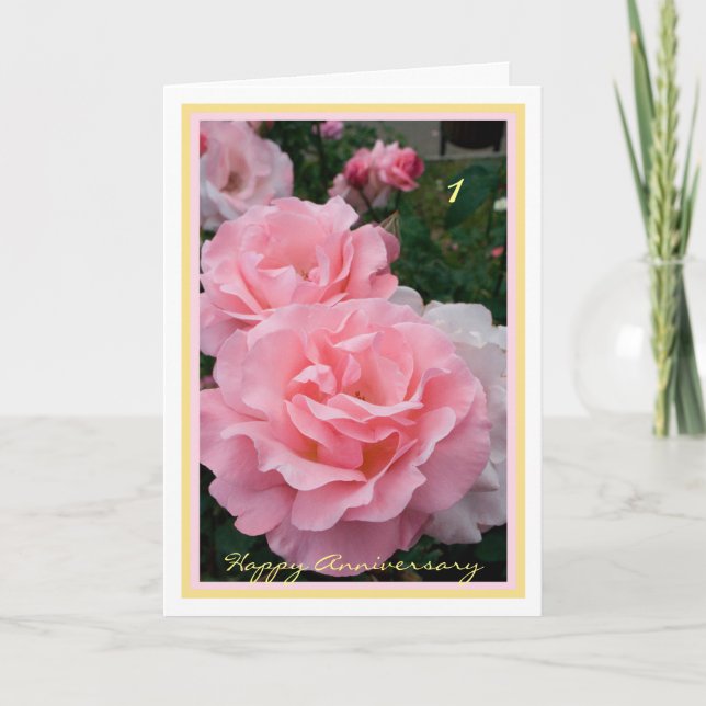 Carte 1er Anniversaire Mariage Souhaite des Roses Roses  (Devant)