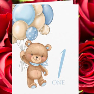 Carte 1er anniversaire mignon ballons bleu garçon teddy 