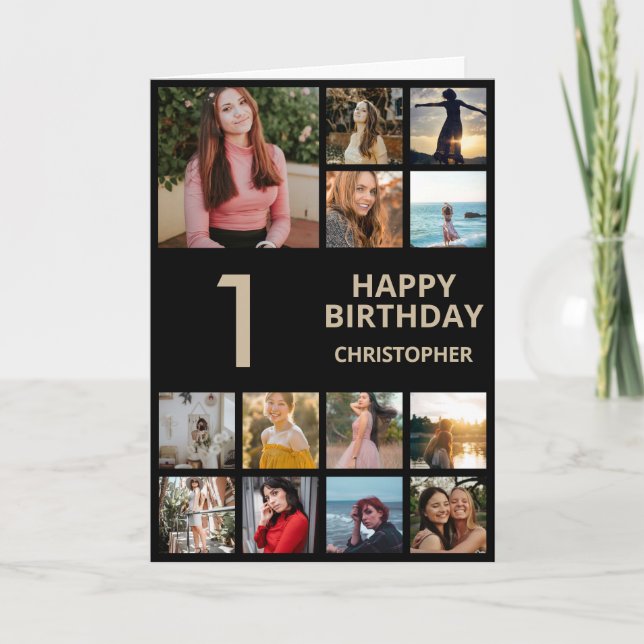 Carte 1er Anniversaire Photo Collage 13 Photos Black & G (Devant)