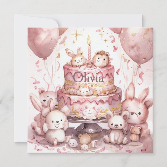 Carte 1er Anniversaire Pink mignonne Animaux Fille Nom (Devant)
