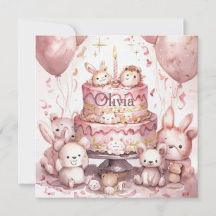 Carte 1er Anniversaire Pink mignonne Animaux Fille Nom