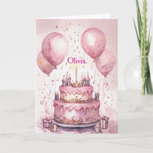 Carte 1er anniversaire Pink Princess Castle Nom de la fi (Devant)