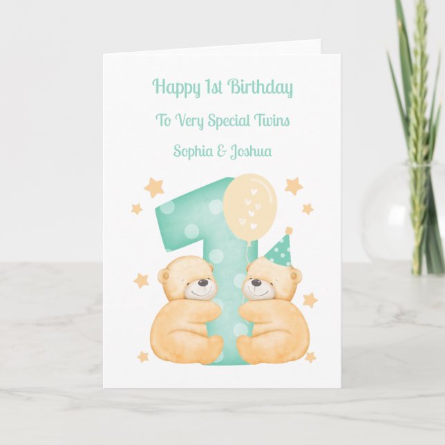 Carte 1er Anniversaire Polka Dot Teddies Twin Birthday C (Devant)