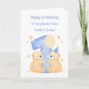 Carte 1er Anniversaire Polka Dot Teddies Twin Boys Card