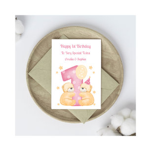 Carte 1er Anniversaire Polka Dot Teddies Twin Girl Card
