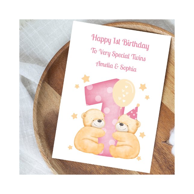 Carte 1er Anniversaire Polka Dot Teddies Twin Girl Card (Créateur téléchargé)