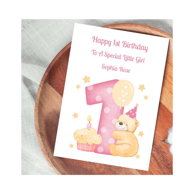 Carte 1er Anniversaire Polka Dot Teddy Birthday Girl Car (Créateur téléchargé)