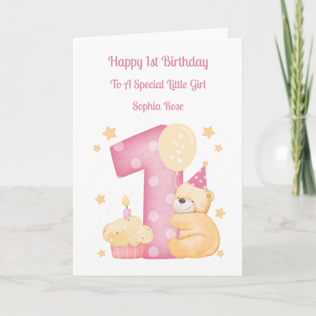 Carte 1er Anniversaire Polka Dot Teddy Birthday Girl Car (Devant)