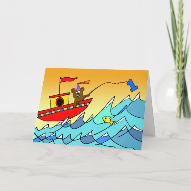 Carte 1er anniversaire pour enfant, pêche à l'ours de fê (Devant)