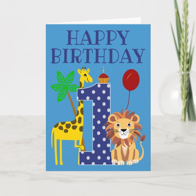 Carte 1er anniversaire pour garçon avec Giraffe et Lion (Devant)