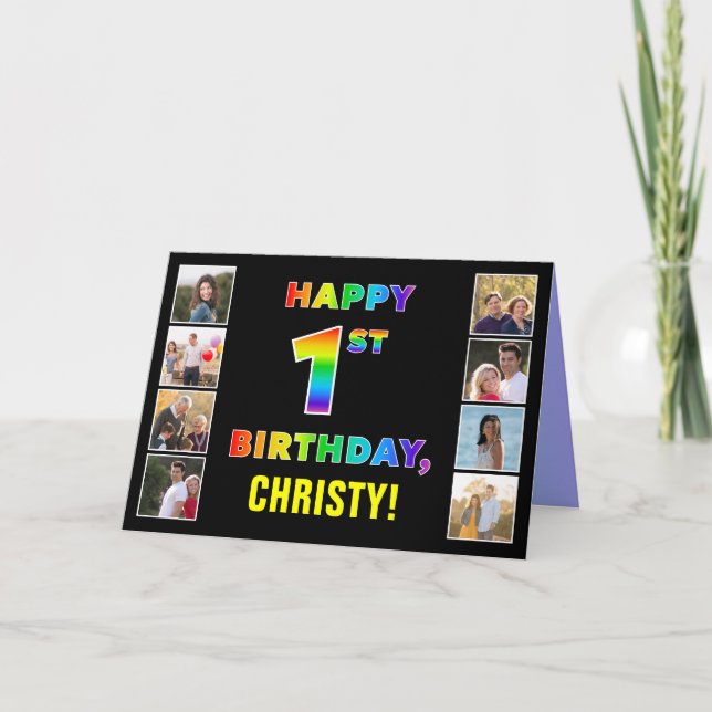 Carte 1er anniversaire : Rainbow Text, Custom Photos & N (Devant)