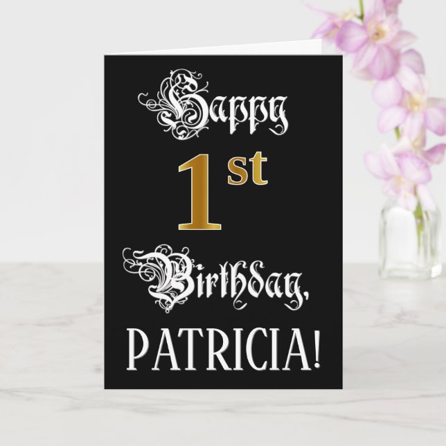 Carte 1er Anniversaire — Script fantaisie; Look or Faux; (Orchidée)