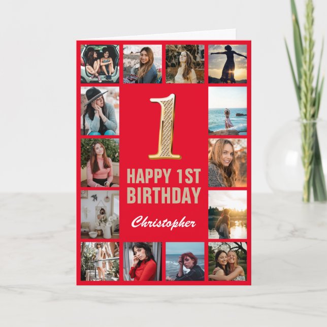 Carte 1er Joyeux Anniversaire Collage photo rouge et or (Devant)