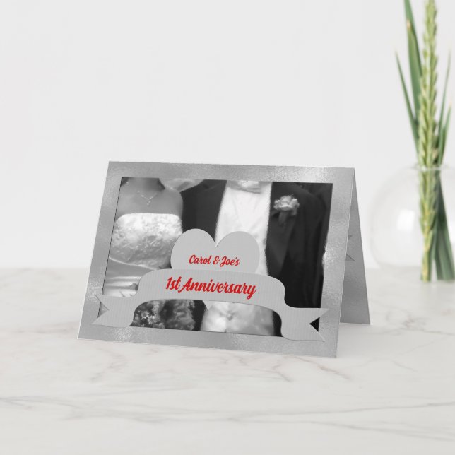 Carte 1er Mariage Anniversaire Niveaux de gris avec coeu (Devant)