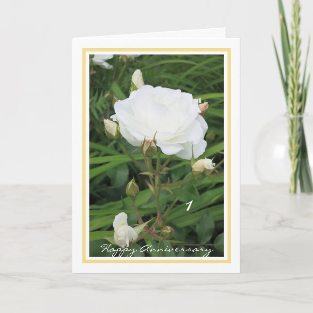 Carte 1er Mariage Anniversaire Rose + Buds Élégant (Devant)
