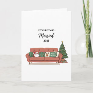 Carte 1er Noël Marié 2025 Nouveau Canapé Mignon et Cos