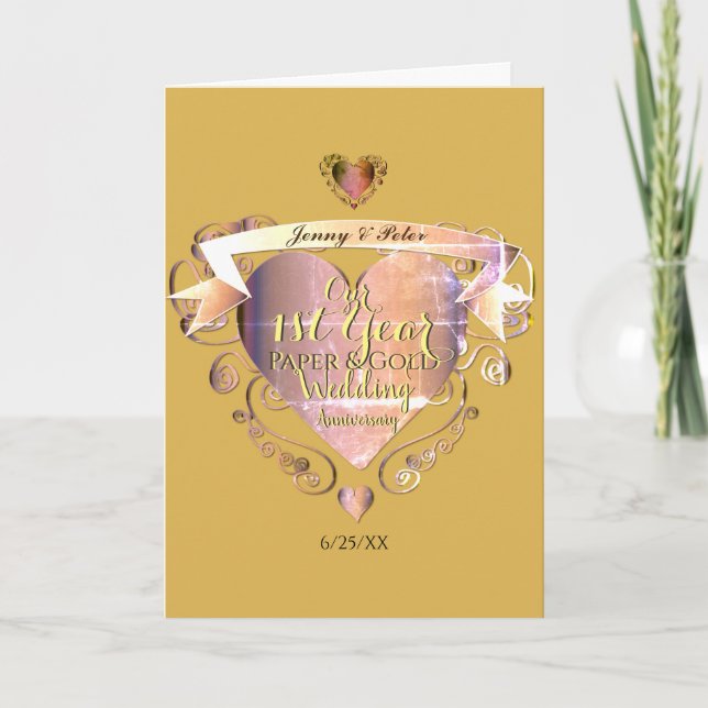 Carte 1ère année Anniversaire Mariage Papier et Coeur d' (Devant)