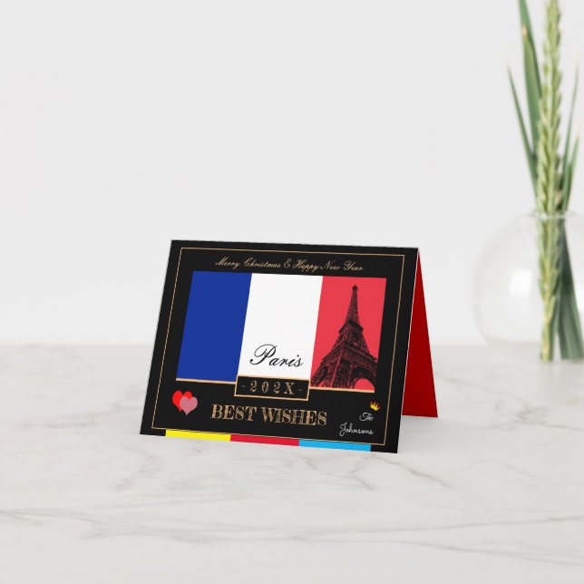Carte 2023 Drapeau Français & Bonne Année Eiffel, France (Devant)