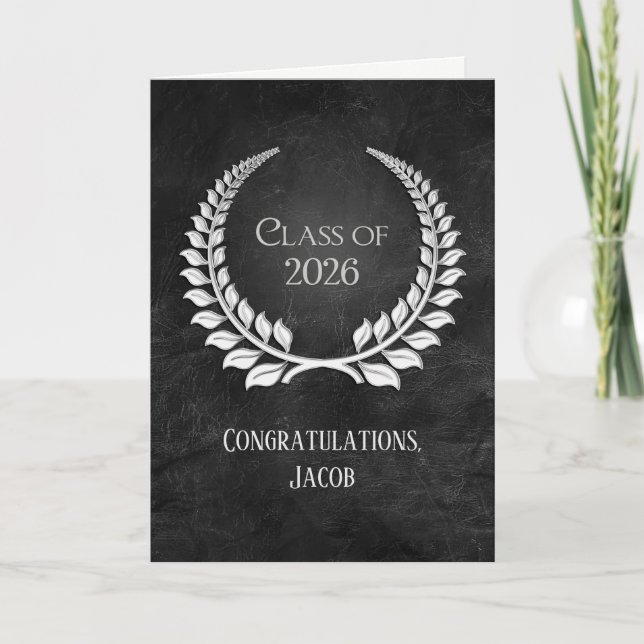 Carte 2026 Silver Graduation Laurel Wreath on Leather (Devant)