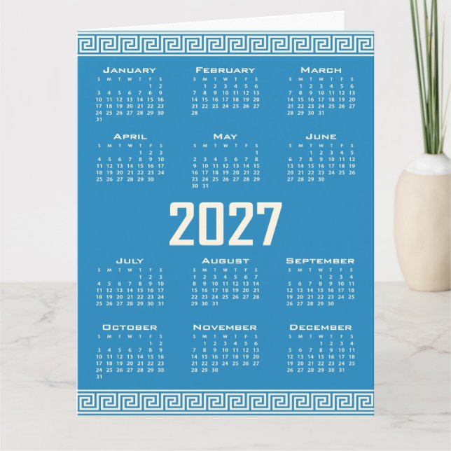 Carte 2027 Calendar, Greek Fret, Cosmic Latte on Blue (Devant)