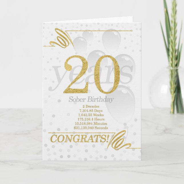 Carte 20 ans Sober Anniversaire Faux Gold Parties scinti (Devant)