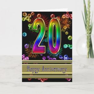 Carte 20e anniversaire avec feux d'artifice et bulles
