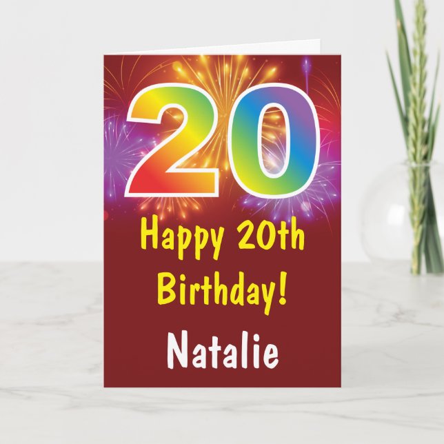Carte 20e anniversaire coloré arc-en-ciel feux d'artific (Devant)