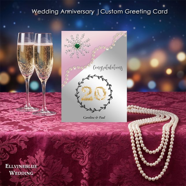 Carte 20e anniversaire de mariage | Émeraude et perle él (Double-sided 20th Wedding Anniversary. 100% editable with message inside. 5”x7”.)
