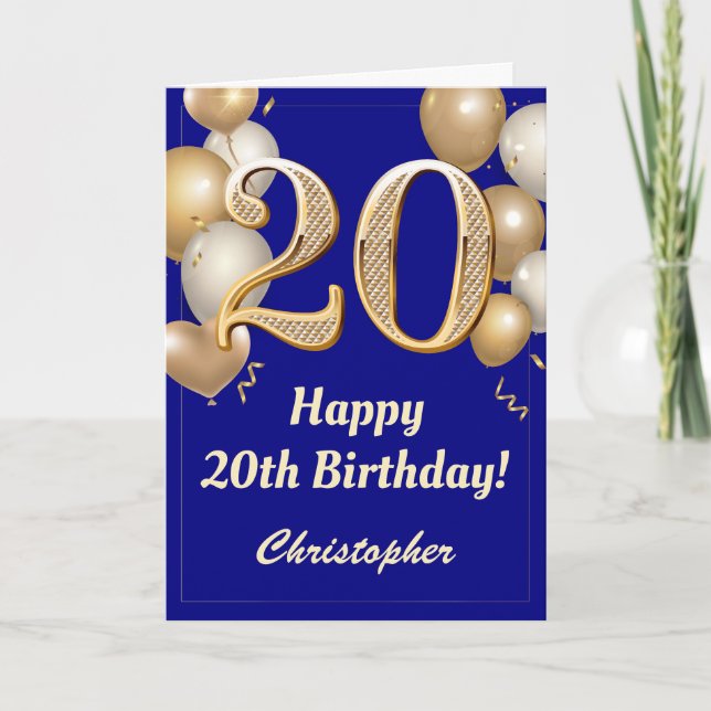 Carte 20e anniversaire Marine Bleu et Ballons d'or Confe (Devant)