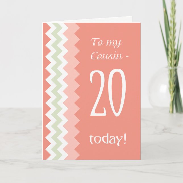 Carte 20e anniversaire pour cousin, chevrons corail et m (Devant)