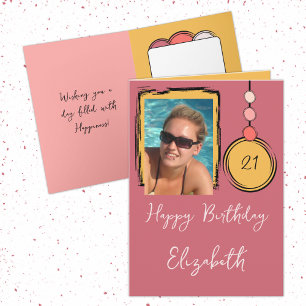 Carte 21e ajouter nom photo tout âge rose anniversaire