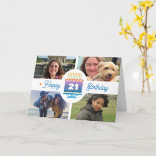 Carte 21e anniversaire 4 photos personnalisées Cake colo