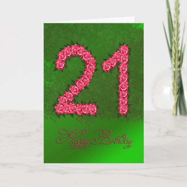 Carte 21e anniversaire avec roses et feuilles (Devant)