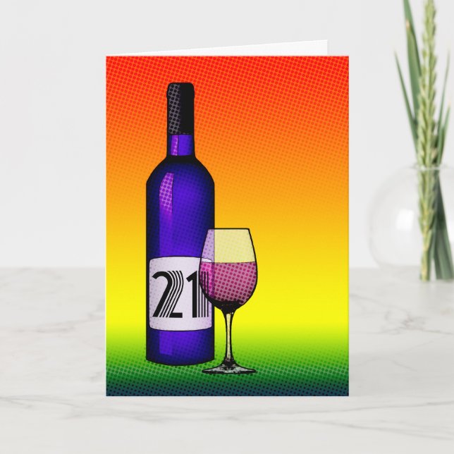 Carte 21e anniversaire : bouteille de vin et verre de de (Devant)