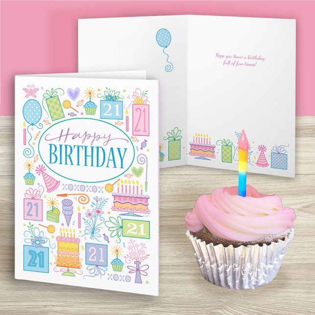 Carte 21e anniversaire Bright Pastel Icons Card (Créateur téléchargé)