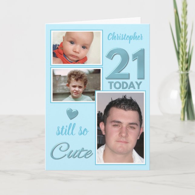 Carte 21e anniversaire encore si jolies photos bleu blan (Devant)
