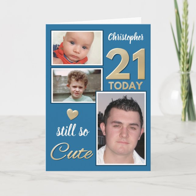 Carte 21e anniversaire encore si jolies photos bleu or (Devant)